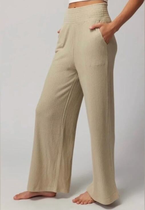 Spiritual Gangster Pants - Spiritual Gangster Harmony Ballet Rib Wide Leg Pants in Sandstone Tan, Size S